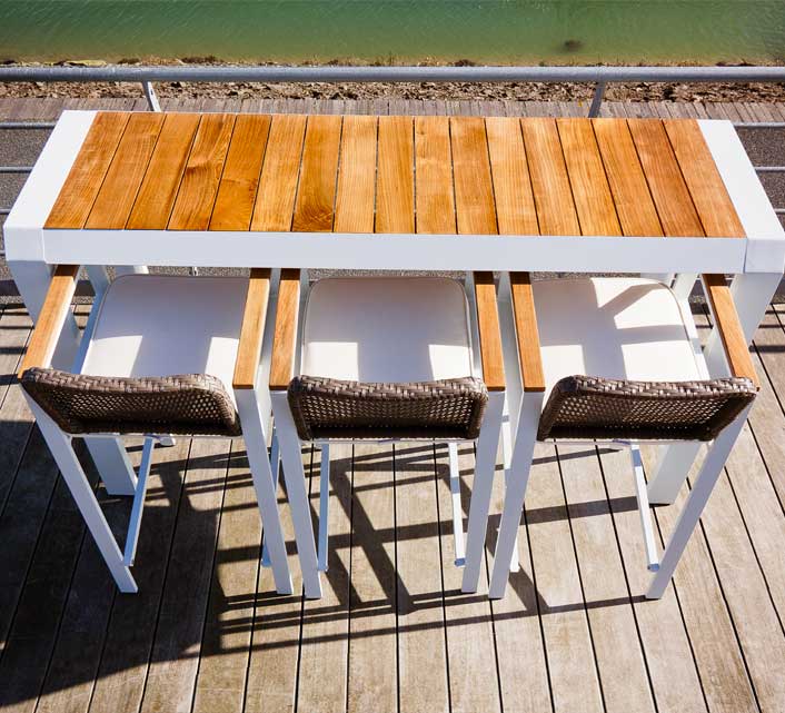 Table Haute de Jardin Bar Alu Blanc Teck Miami H 194 cm 459€ Salon