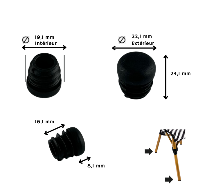 Embout de tuyau en caoutchouc pour pieds de chaise de table 16, 19