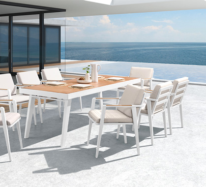 Salon de Jardin Aluminium et Bois Teck 6 personnes Table 160x90 Emoti Blanc
