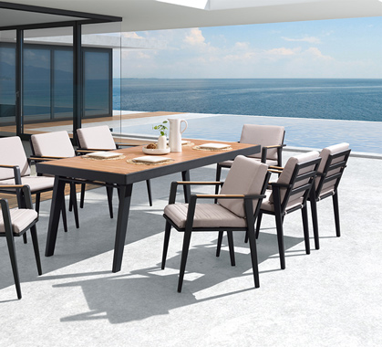 Salon de Jardin Aluminium et Bois Teck 8 personnes Table 220x90 Emoti Noir