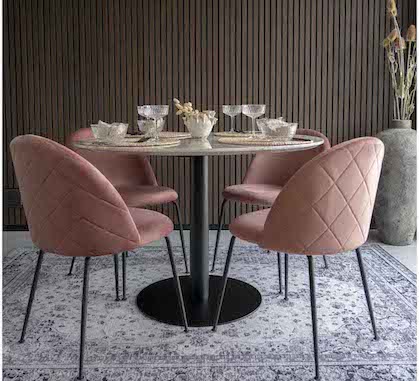 Table Ronde 110cm Plateau Marbre Blanc Pied Acier Noir