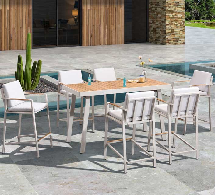 Bar de jardin 6 personnes Aluminium et Bois Teck Table Haute H106cm