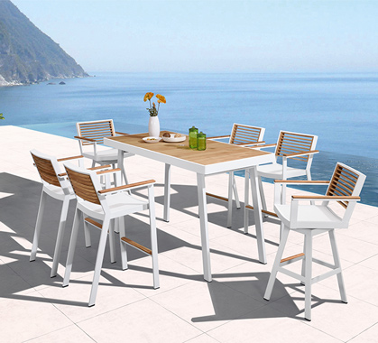 Mange Debout Exterieur 6 personnes Aluminium et Bois Teck Table Haute  H106cm York Blanc - Mange debout, chaise haute