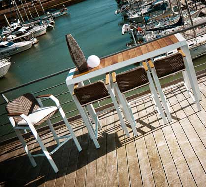 Mange debout Extérieur 4 personnes Aluminium et Bois Teck Table Haute H106cm Miami Blanc