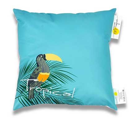 Coussin d'extérieur bleu turquoise imprimé toucan tropical 45x45cm