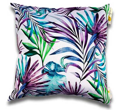 Coussin d'extérieur blanc imprimé jungle feuilles mauves 60x60cm