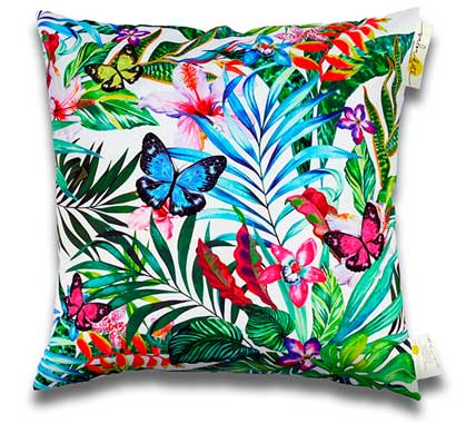 Coussin d'extérieur blanc imprimé jungle papillons 60x60cm