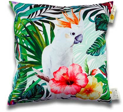 Coussin d'extérieur blanc imprimé jungle perroquet 60x60cm