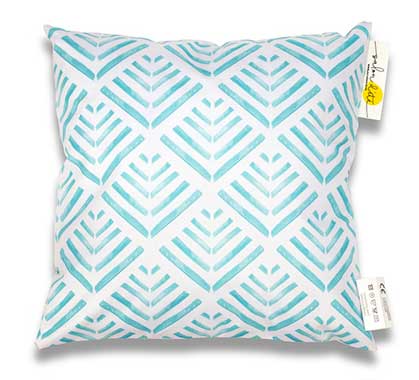 Coussin d'extérieur blanc motif graphique bleu turquoise 45x45cm