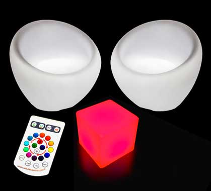 Lot De 2 Fauteuils et 1 Cube Lumineux LED Extérieur Sans Fil