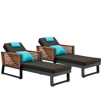 Lot de 2 Chaises Longues Bains de Soleil + 1 Table basse Aluminium et Teck Bora Noir