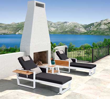 Lot de 2 Chaises Longues Bains de Soleil + 1 Table basse Aluminium et Teck York Blanc
