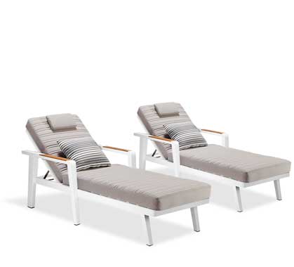 Lot de 2 Chaises Longues Bains de Soleil + 1 Table basse Aluminium et Teck Emoti Blanc