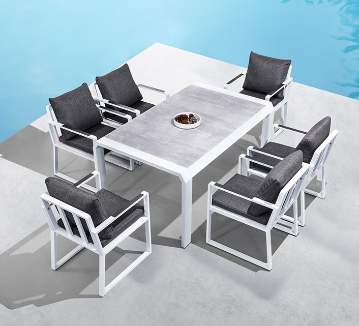 Table de jardin et 6 chaises aluminium plateau en plastique blanc