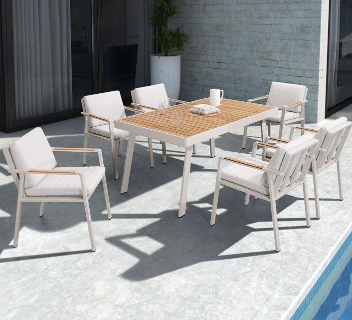 Table de jardin et 6 chaises aluminium plateau en plastique blanc