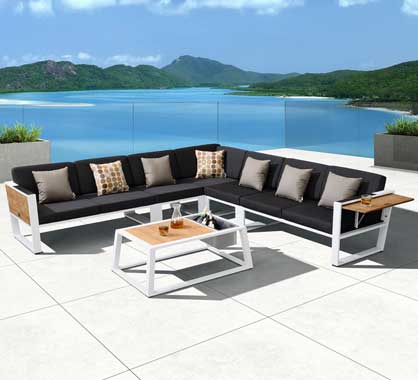 Salon de Jardin Haut de Gamme d'Angle 8 places York Blanc
