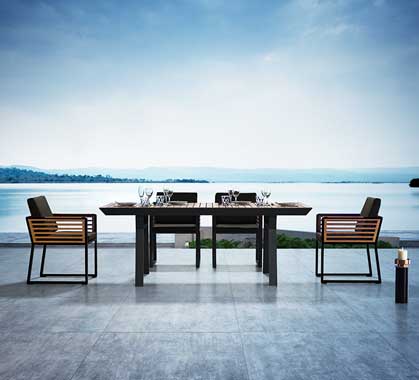 Salon de Jardin Haut de Gamme Aluminium et Bois Teck 6 personnes Table 200x100 Bora Noir