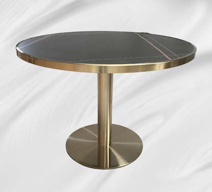 Table Bistrot Ronde 100cm Pierre noire effet marbre noir pied laiton